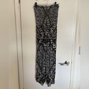 Free People Balloon Gauzy Smocked Jumpsuit - Black & White Tribal Print Womens M
